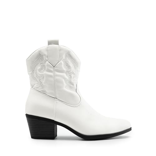 DREAM PAIRS Women's Western Cowboy Cowgirl Embroidered Ankle Boots Fashion Low chunky Heel Round Toe Fall Short Booties Shoes,Size 8,White,SDAB2432W