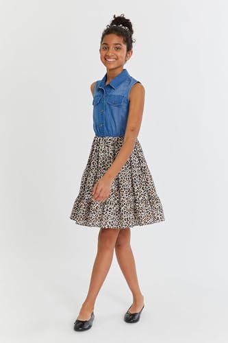 Bonnie Jean Girls Denim Dress - Sleeveless Denim and Leopard Print Dress for Girls with Matching Hair Tie4