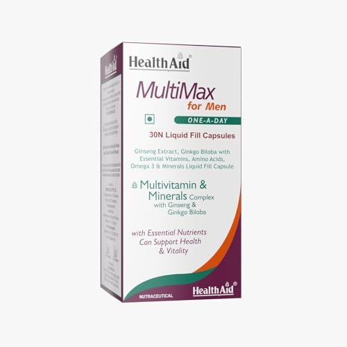 HealthAid MultiMax for Men |30 Vegetarian Liquid fill Capsules| With Ginseng, Zinc | 12 Vitamins & 8 Minerals | For Daily Energy, Stamina & Immunity
