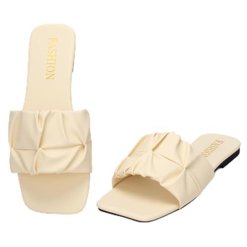 EcooInviv Women's Pleated Square Toe Slide Sandals, Trendy Wedding & Summer Flat Sandals Beige