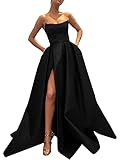 MllesReve Womens Long Strapless Satin Prom Dress Sleeveless Slit Evening Ball Gown with Pockets Black Size 14