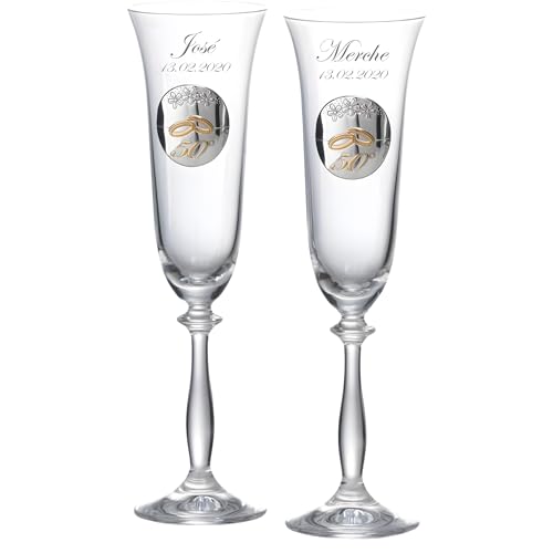 JOYERIA EL FARO | Taças personalizadas para bodas de ouro de 50 anos com nomes | Cristal da Boémia | Estojo premium incluído | Celebre 50 anos de amor juntos