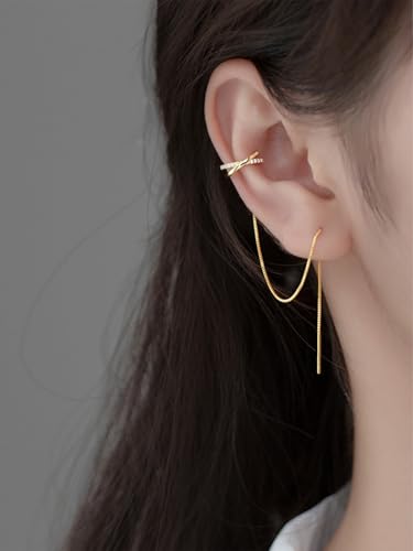 1Pcs Long Chain Cuff Earrings Gold Silver Wrap Tassel Earrings Minimalist Cz Round Stud With Chain Cuff Double Piercing Jewelry Statement Fake Earrings for Women Girls2