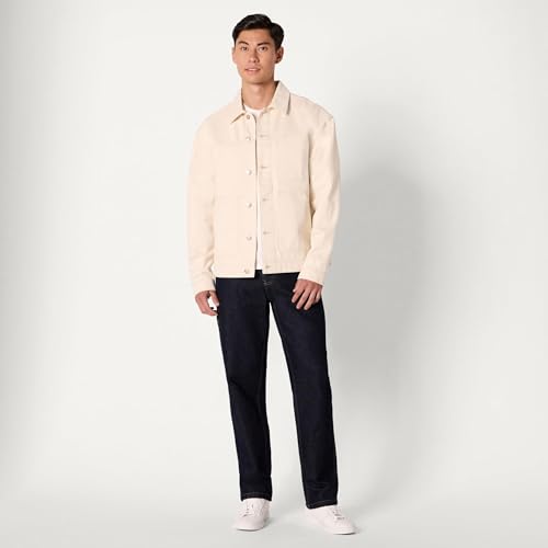 Image of Amazon Essentials Men's Heavyweight Rigid Denim Relaxed-Fit Utility Jacket with Pockets, Shank Button Closure