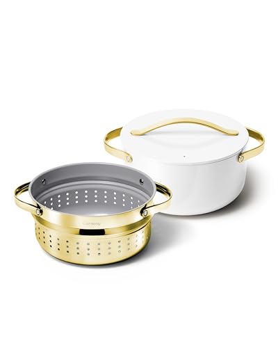 Caraway Nonstick Ceramic Dutch Oven Pot with Lid & Steamer (6.5 qt, 10.5) - Non Toxic, PTFE & PFOA Free - Oven Safe & Compatible with All Stovetops (Gas, Electric & Induction) - White