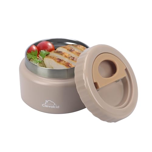 Clevakid Thermal Stainless Steel Food Jar, 8 oz, Vacuum Insulated, Leakproof, Easy to Open, for Hot and Cold Food, for Adults, Preschool and School (Brown Dark Toffeh)