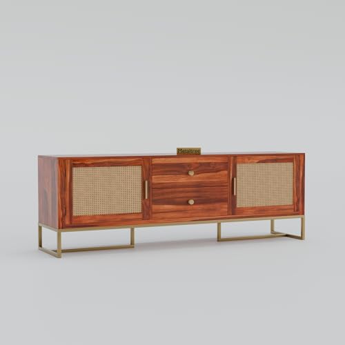 Image of Sheesham Wooden TV Cabinet for Living Room 65+ inch - TV Table for Living Room Entertainment Unit - Solid Wood TV Unit for Livingroom 65 Inch with 2 Drawers & 4 Shelves