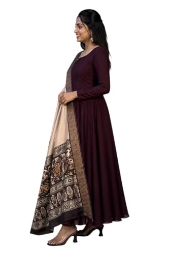 Image of Women's Ethnic Anarkali Kurta Set | Premium Vichitra Silk Gown with Printed Mayura Silk Kalamkari Dupatta Brown