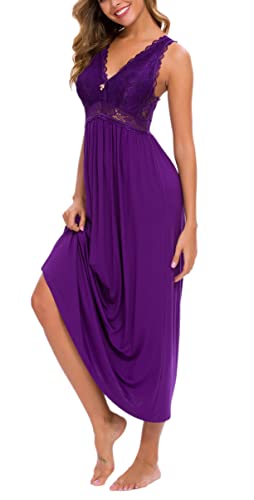 Alcea Rosea Womens Sleepwear Lace Lingerie Chemises V Neck Nightgown Long Sexy Sleep Dress Sleeveless Lace For Women Elegant (Violet,M) #TOP26