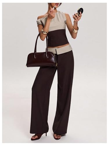 Image of MakeMeChic Women's Striped Fold Over Pants Wide Leg Straight Trousers