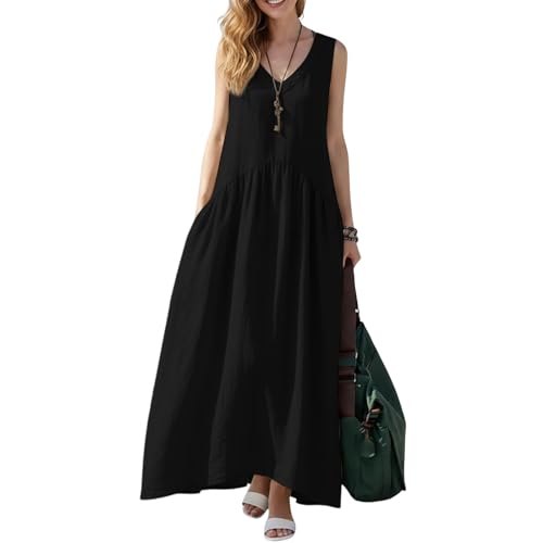 Robe longue en lin sans manches pour femme au style chic et fluide d'été