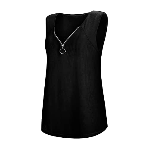 Niceyi Womens V Neck Tank Tops Casual Waffle Knit Loose Tunic Tops Sleeveless Front Zipper Shirts #TOP2
