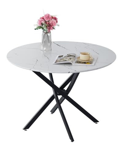 LEMROE Kitchen Dining Table Round 100cm Wooden Dinner Table with White Marble Effect Top and Heavy Duty Black Metal Frame for Home Living Dining Room Kitchen Restaurant
