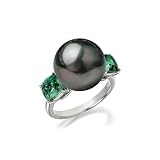 Hipearl Tahitian Black Pearl Ring for Women with Emeralds Side Stones, AAA Quality Handpicked Nature 12mm Black Pearl Anniversary Engagement Rings for Women, Size 5-9 (Black Pearl & Emerald, 7)