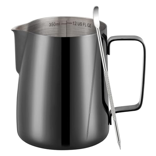 Image of Amrules Milk Frothing Pitcher 12oz Frother Cup Barista Tools, Bright Black