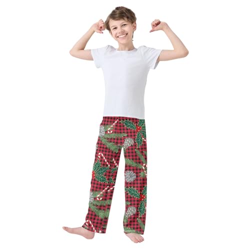 Berry Pine Cone Plaid Boys Long Pants Soft Trousers Elastic Waist Kids Lounge Bottoms with Pockets S-XL2
