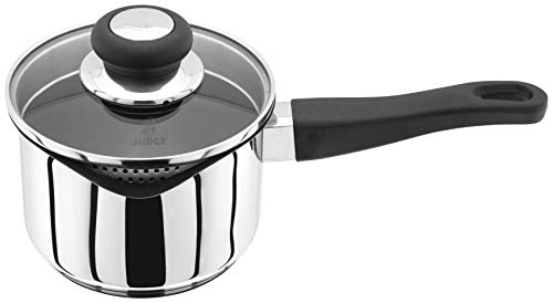 Judge Vista Draining Medium Stainless Steel Non-Stick Saucepan with Pouring Lip 14cm 1L, Shatterproof Glass Strain & Pour Lid, Induction Ready, Oven Safe, 25 Year Guarantee