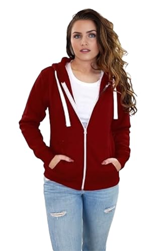 Women New Long Sleeve Plain Zip Up Hoodie Top Ladies Hooded Pocket Everyday Casual Jacket Tops Burgundy Maroon Size 14