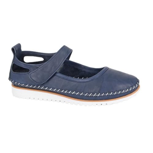 Ladies' Leather Mary Jane Shoes, Navy Blue, Comfort Flat with Strap, White Sole (Blue, UK Footwear Size System, Adult, Women, Numeric, Medium, 6)