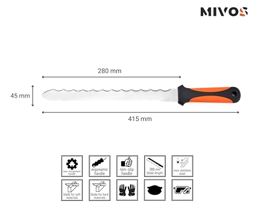 MIVOS Profi Dämmstoffmesser mit Edelstahl Scharfe Doppelklinge 280 mm - Doppelschneidig Dämmwolle Messer mit 28 cm Gezackte Klinge - Isoliermesser - Rostrei Styropormesser