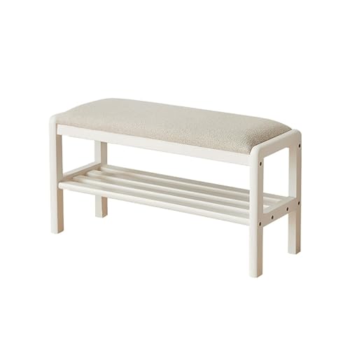 LWJSOCP Farmhouse Wooden Entryway Bench with Fabric Upholstered Shoe Storage 31" EndofBed nizer for Bedroom Living Room HallwayChic White Design