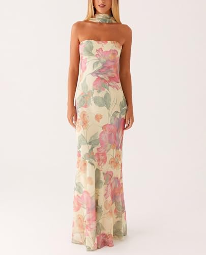 Women Strapless Floral Dress with Sarf Mesh Tube Maxi Dress Summer Cocktail Wedding Guest2