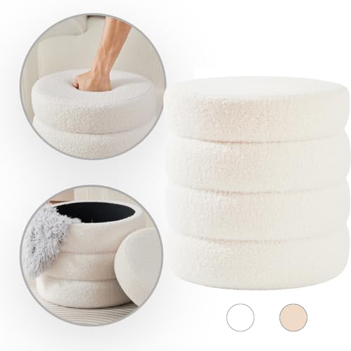 Zedelmaier Runder Teddy Hocker mit Stauraum - Sitzhocker, Schminktisch & Aufbewahrungshocker für Wohnzimmer, Schlafzimmer & Kinderzimmer (Weiß) – Bild 6