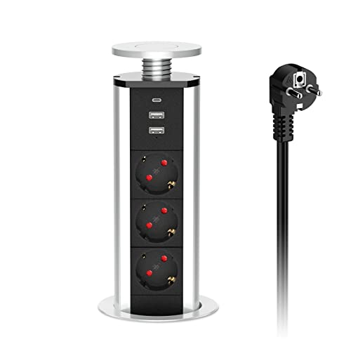 Tischsteckdose Versenkbar USB C PD20W, Versenkbare Steckdose Küche für 80MM, Einbausteckdose Versenkbar mit 2 USB A, 3 Fach Steckdose Arbeitsplatte Versenkbar mit 1,8M Kable, 4000W/16A