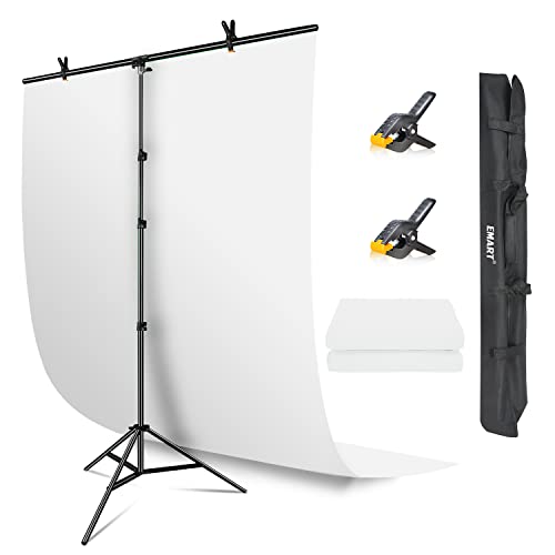 EMART Hintergrund Weiß mit Ständer 1,5 x 2,6 m, T-Förmigem Foto Hintergrundständer mit Weißer Fotohintergrund und 2 Hintergrundklemmen für Streaming,...
