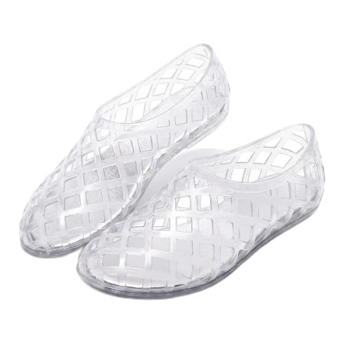 Etebella Jelly Mesh - Sandalias planas de ballet para mujer, sandalias de gelatina huecas, transparentes, cómodas, puntera cerrada, sandalias casuales de playa, Blanco, 36 EU