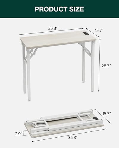 Image of Frylr Small Folding Computer Desk - 35.8 Inch Portable Table for Craft and Study, Lightweight Desk for Small Spaces, Foldable Laptop Table Built-in AC /USB Outlets for Convenience, White Ash