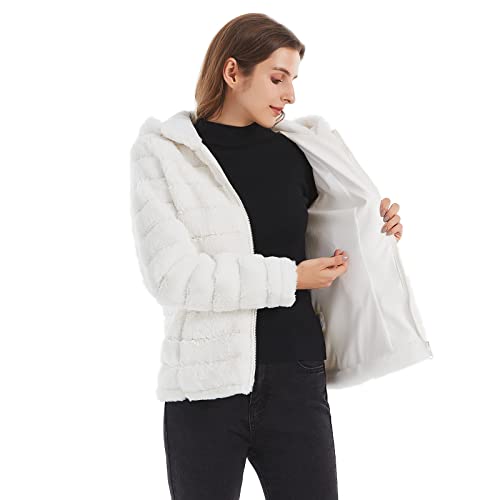 Gran Oriente Women Faux Fur Fleece Coat With Faux Fur Lining And Collar Warm Winter Plush Long Sleeve Zip Cropped Jacket With Pockets Adjustable Waist Hooded Outerwear Gk010-Pink-L #TOP3