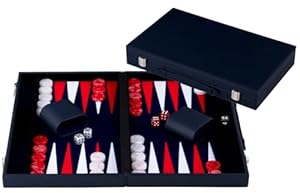 Engelhart-250561 – Backgammon 18 Zoll (46,7 cm) Luxus Koffer Kunstleder Rot & Weiß – Intarsienbrett – Offen 56,4 × 46,7 cm – Rote/Weiße Steine – Würfel & Becher – Klassisches Brettspiel