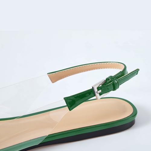 VogueVent Women's Fashion Pointed Toe Heart Transparent PVC Slingback Flat Shoes Comfort Slip On Cap Toe Clear Ballet Flats Work Wedding Dress Flat Shoes for Women Green Size 5.54