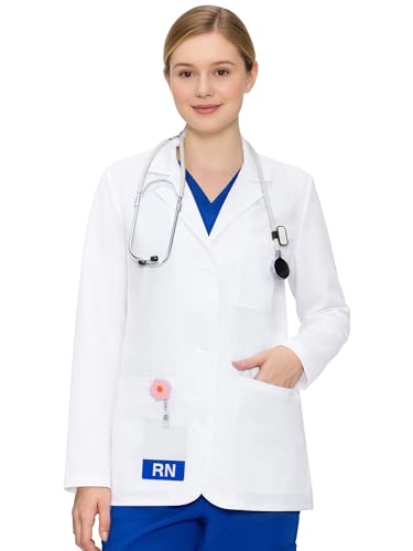 COZY SCRUBS Lab Coat for Women with 3 Pockets, Professional White Women's Lab Coat Long Sleeve, Hip-Length Fit (Previously COZYFIT), White, M