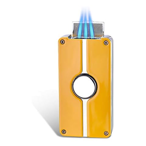 Windproof Cigar Torch Lighter Triple Torch Jet Blue Flame Refillable Butane Metal Cigarette Lighter with Punch (Yellow) Cover