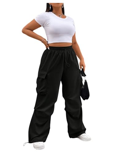 OYOANGLE Women's Plus Size Elastic Waist Cargo Pants Flap Pocket Ruched Parachute Pants Y2k Jogger Sweatpants