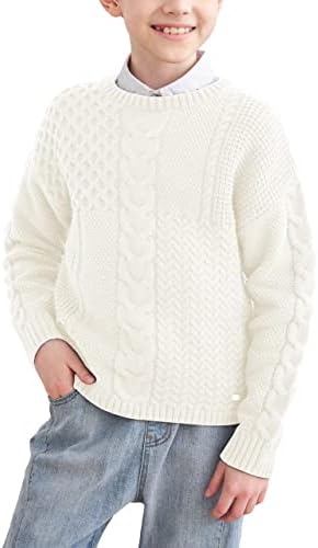 Boys Girls Cable Knit Sweater Long Sleeve Crew Neck Kids Cute Warm Chunky Pullover Jumper Top,White,5-6 Years