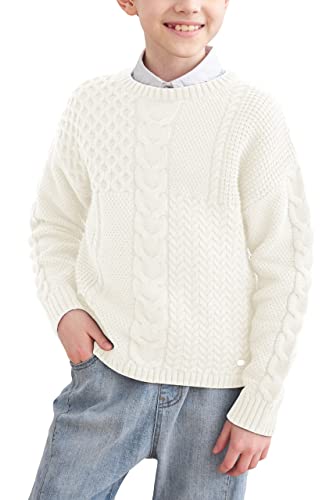 Boys Girls Cable Knit Sweater Long Sleeve Crew Neck Kids Cute Warm Chunky Pullover Jumper Top,White,5-6 Years #TOP3
