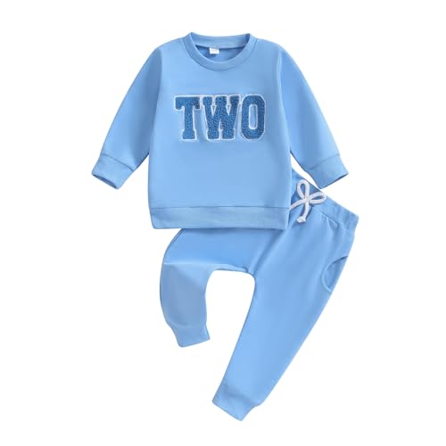 Lamuusaa Toddler Baby Boy Birthday Outfit One/Two Letter Embroidery Sweatshirt Jogger Pants Fall Winter Clothes (Blue Two, 2-3 Years)