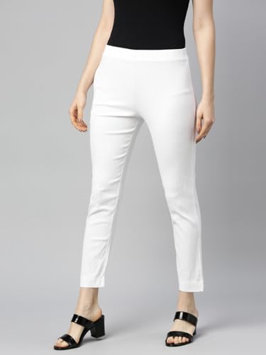 Image of MINELLI Women Solid Cigar Pants, Cotton Lycra Slub Fabric, Elasticated Waistband, Pull On Style, Regular Fit Bottom Wear for Western and Ethnic Wear