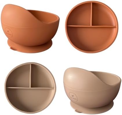 SiliSmooth Silicone Suction Bowls & Divided Plates Set, 4 Pack 2 Bowls, in Colors, Baby/Toddler Tableware, Microwave, Dishwasher Safe, BPA Free (Steel Blue Vintage Pink)