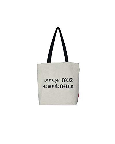 Hello-Bags. Bolso Totebag. Exterior: Algodón 100%. Con cremallera, forro y bolsillo interior. Incluye bonito sobre kraft de regalo. Modelo LAMUJERFELIZ. Color: Crudo   Negro. Medidas: 37*38 cm