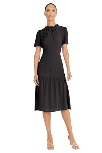Maggy London Women's Dresses Women's Elegant Ruffle Mock Neck Short Sleeve Midi A-Line Cocktail - Special Occasion Wedding Guest Dress, Black, 16