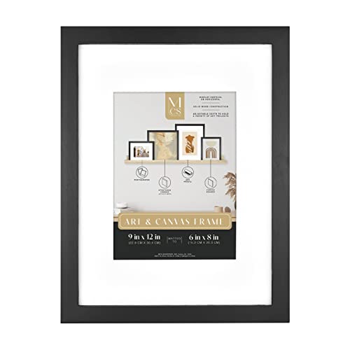 Image of MCS Gallery Wooden Picture Frame for Canvas, Art Boards, Photos and more, Black, 9x12 with 6x8 Mat