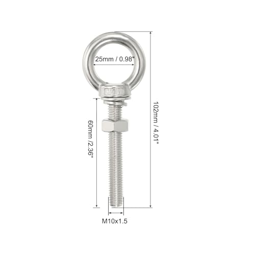 Image of uxcell M10*60 3 /8 inchx2.36 inch Stainless Steel Eye Bolts Threaded Screw Eyebolt Shoulder Ring with Nuts Washers for Lifting Hanging, 2 Set