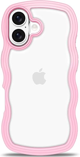 Image of GoldKart iPhone 17 Case Wavy Edge Clear Back Design, Anti-Slip Grip Cute Wave Curly Frame Shape Shockproof Soft TPU & Hard PC Bumper Protective Phone Case Cover for Women Girls - Pink