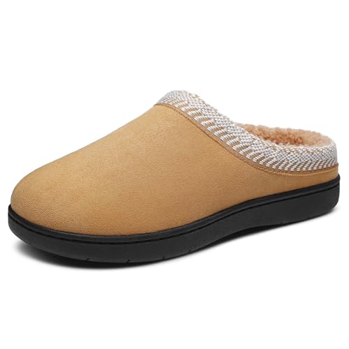MIXIN Womens House Slippers Comfy Warm Fur Lined Memory Foam Bedroom Shoes with Anti-Slip Rubber Sole Indoor Outdoor Beige Size 9