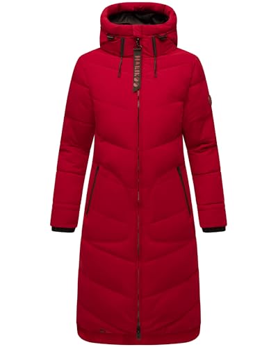 MARIKOO Damen langer Wintermantel warmer Steppmantel mit verstellbarer Kapuze Benikoo Deep Red Gr. L