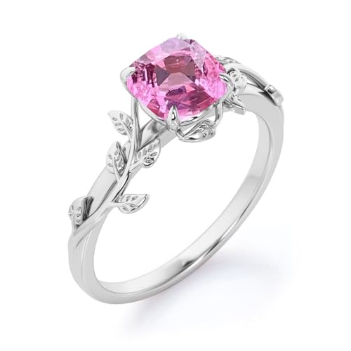 10K 14K 18K Gold Cushion Gemstone Leaf Rings for Women 7MM(2CT) Gemstone Art Deco Inspired Branch Leaf Ring Promise Statement Engagement Anniversary Ring Unique Ring for Her2